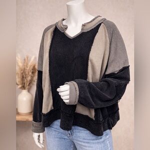 POL Mixed Fabric Notched Neck Long Sleeve Oversized Knit Top